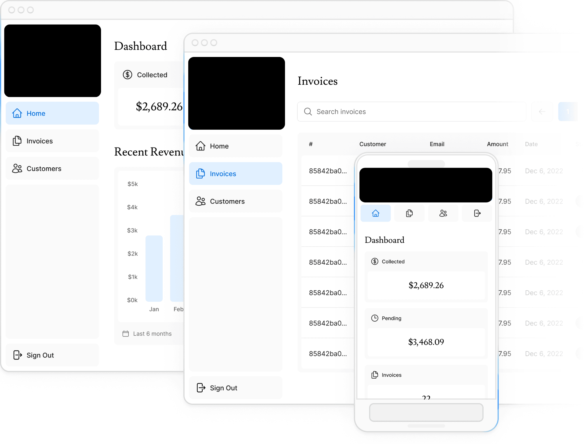 Screenshots of the dashboard project showing desktop version